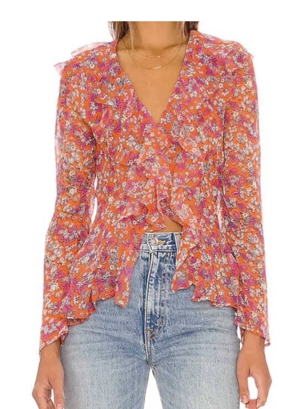 Free People Orange & Pink Floral Ruffle Blouse